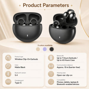 Bluetooth 5.4 Wireless Clip-on Earbuds 40H Battery Life Ergonomic Sports Open Ear Earphones for Bike