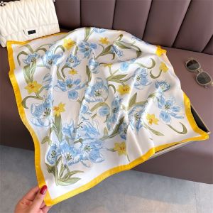 70cm Spring Floral Print Silk Scarf Sun Protection Shawl Neck Tie Small Square Scarf Headscarf Womens Scarf