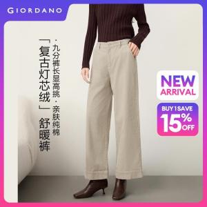 Giordano Women Cotton corduroy high waist wide leg pants Free Shipping 05426696