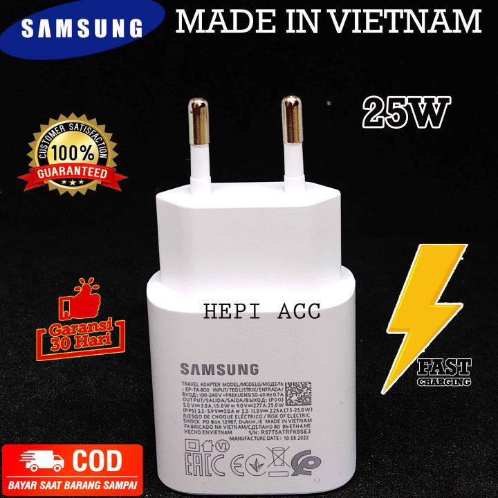 ADAPTOR SAMSUNG ORIGINAL 100% MADE IN VIETNAM 25 WATT SUPER FAST CHARGING ORI ASLI PUTIH WHITE TYPE C TO TYPE C TEPSI 25W EP-TA800 HIGH QUALITY ORI ADAPTOR KEPALA CASAN A05 A51 A52 A53 A54 S20 S21 PLUS