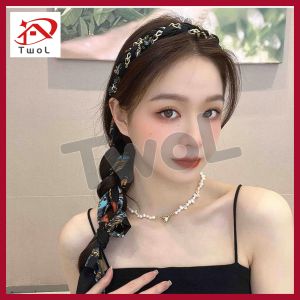 TWOL 1pcs Floral Long Ribbon Headband Strap Vintage Chain Hair Hoop Elegant Hair Band