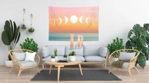 LB Orange Sky Moon Phase Tapestry Pink and Orange Sunshine Over Teal Ocean Wall Tapestry for Bedroom Nature Landscape Wall Hanging Tapestry Wall Art for Living Room Home Decor 60 x 40 Inches