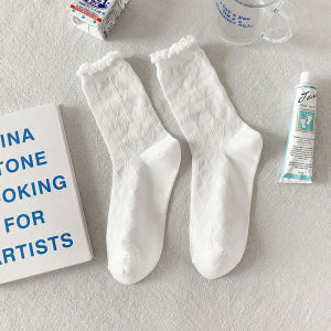 1 Pair of Cute Jk Style High Neck Socks with White Lace and Ruffles Pure Cotton Socks Female Socks Student Lolita Socks