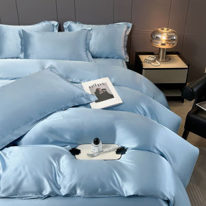 Dansunreve Stain Silk Bedsheet Set 4IN1 Luxury Plain Soft Bedsheet with Duvet Cover Fitted Bed Sheet Soft Bedding Set