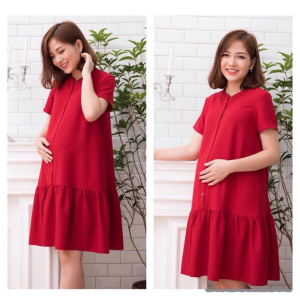 Váy bầu công sở - đầm bầu mùa hè - Váy dáng rộng big size màu đỏ đuôi cá cổ tàu Q0006