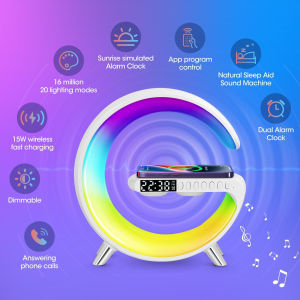 【sinarfm】speaker bluetooth 4 in1 RGB Bluetooth Speaker Wireless Charger Clock Multi Functional Ambient Light Smart Home Decor With FM Radio