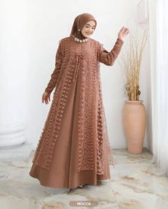 Zahira Dress tile outer 2in1/gamis Brukat inner set outer lepas pasang terbaru 2025/gamis burgundy terbaru 2025/gaun pesta kondangan mewah elegan terbaru/baju lebaran model 2025 viral