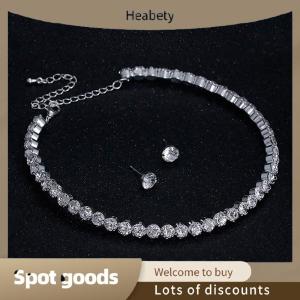 Heabety Fashion 4Pcs set Women Jewelry Set For Women Charm Necklace Bracelet Stud Earring White Zircon Chain Necklace