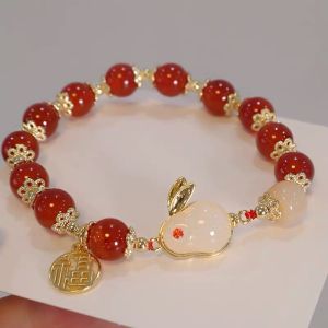 Lucky Jade Rabbit Bracelet Transfer Beads Jade Bunny Rabbit Bracelets with FU Pendant Yutu Bracelet