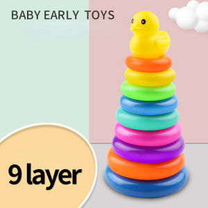 Baby Rainbow Tower Stacking Circle Pyramid Kid Toddler Color Cognition Fun Duck Ring Puzzle Game