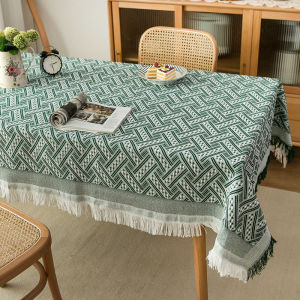 Tassel Edge Interweaving Grid Tablecloth French Style Table Cover Solid Color Washable