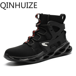 QINHUIZE Safety shoes mens anti-smashing anti-piercing steel toe cap work boots fashion high top safety protective shoes