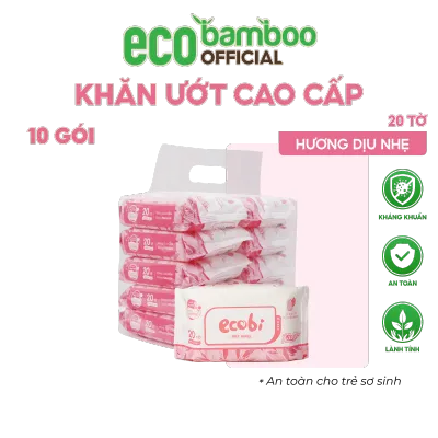 [ECOBAMBOO OFFICIAL]_Túi 10 gói khăn ướt cho bé Ecobi gói 20 tờ Hương Dịu Nhẹ không không paraben siêu tiết kiệm