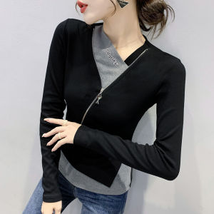 YIMEI เสื้อซิปคอวี2023ผู้หญิงเสื้อซับในแขนยาวฤดูใบไม้ร่วง/ฤดูหนาวเสื้อซับในบางแหวกแนว