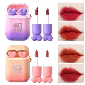 LMAUSELAND Matte Lipstick Makeup Set 2Pc/Set Waterproof Long Lasting Velvet Moisturizing lip stain Earphone Dual-color Lip Gloss Primer Non-stick Cup Lip Make Up Gift Kit for Girls