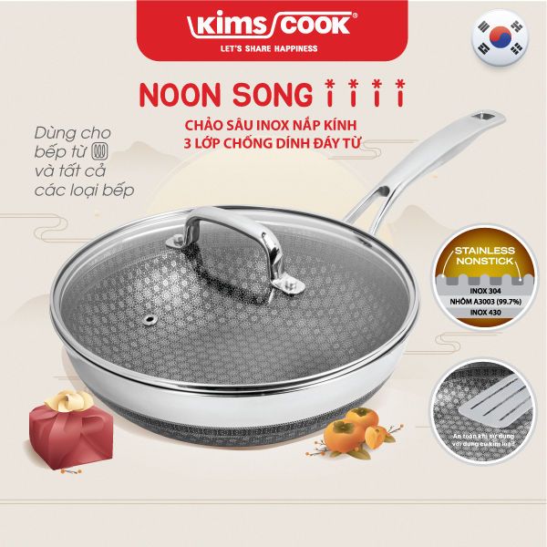 Chảo sâu Noon Song inox 3 lớp đáy từ nắp kính chống dính 2 mặt Kims ...