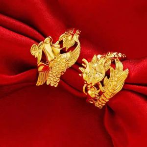 Simulation gold dragon and phoenix ring mens and womens couple ring European currency sand gold ring live adjustable jewelry gift