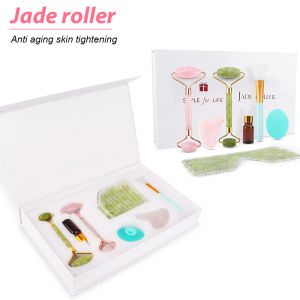 DECINIEE 100% Natural Jade Roller Guasha Gift Set Rose Quartz Jade Roller Facial Slimming Face Lift Natural Stone Massager Wrinkle Remover Gift Box Birthday Mothers Day
