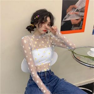 CHARMI Daisy Print Mesh T-Shirts Long Sleeve Perspective Sunscreen Tops Women Tops Basic Tops Transparent Tops Casual Summer