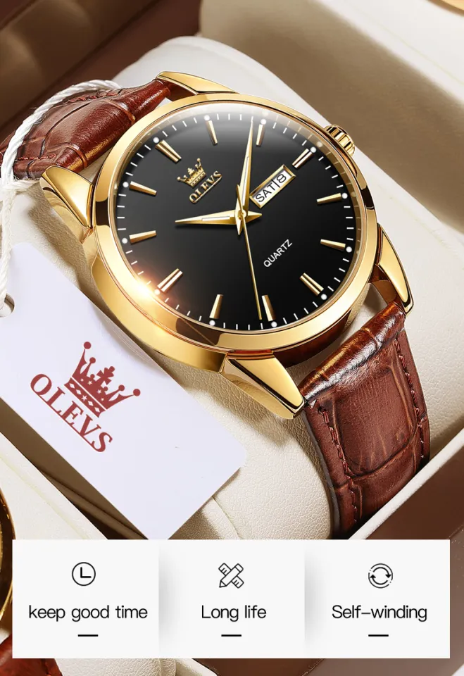 OLEVS Men's Watches Casual Leather Strap Waterproof Quartz Watches Dual  Calendar Luminous Male Wrist Watches Jam Tangan Lelaki 6898P
