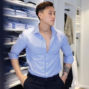 Áo sơ mi nam dài tay kẻ sọc trơn mátdáng trẻ trungvải không nhăn dáng body