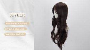 STYLER Brown Middle Part Wig with Bangs for Women -26 Inch Long Wavy Brown Wigs Synthetic Heat Resistant Hair Natural Looking Wigs for Daily Use Halloween Christmas Cosplay Party