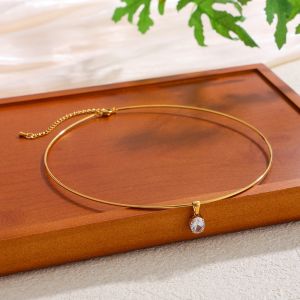 RANZH 18K Gold PVD Plated Golden Choker Metal Chain Vintage Geometric Circular Collar Simple Exaggerated Rhinestone Collarbone Chain Women