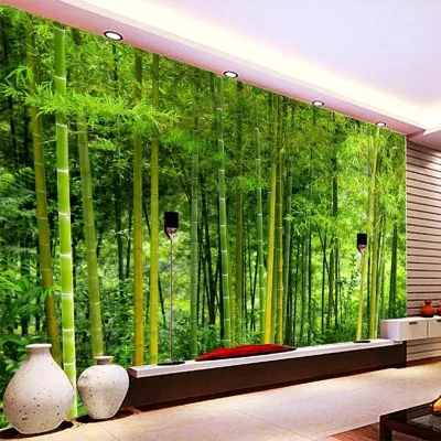 วอลเปเปอร์ภาพป่าไผ่สีเขียวแบบทันสมัย สำหรับห้องนั่งเล่น พื้นหลังทีวี และโซฟา