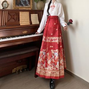 Dazzlin In Stock Chinese Style Dress 2024 Autumn and Winter New Printed National Style Lace-up Horse-Face Skirt Holiday Commuter Long A Word Skirt