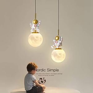 SXH  New Nordic Minimalist Childrens Room Bedside Astronaut Pendant Light Luxury Boys Bedroom Moon Small Pendant Light