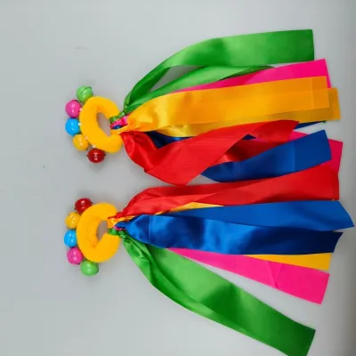 2PCS Red/Yellow/Blue Childrens Wrist Ribbon Cheer Dance Props Elastic Bracelet Colorful Bell Party