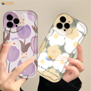 (Lokal Ready) Casesummer Casing hp iPhone 11 12 14 13 12 Pro Max XR 7Plus iPhone 15 Pro Max X XS Max 6s 7 8 6 Plus SE 2020 Ins Tulip Kelinci Lucu Kesing Bunga Segar Shockproof 3D Wavy Curved Edge Glossy Soft Case