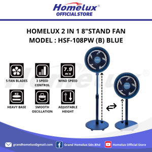 HOMELUX 2 IN 1 STAND FAN 8" ADJUSTABLE STAND FAN HSF-108PW KIPAS BERDIRI/MEJA BOLEH LARAS
