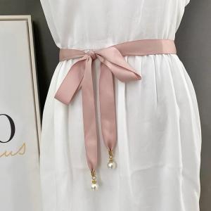 Đai váy vải trơn gắn ngọc dây lưng buộc eo thắt nơ