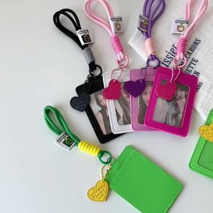 Solid Color PU ID card holder Korean version with heart-shaped pendant dual card slots for work ID student access card bus card meal card