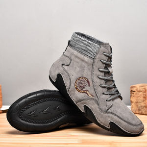 LzaM-Socks Mouth Fly-Knit Ankle Boots Quality Suede Motorcycle Boots Fashion Retro Hand Stitching Shoes Large Size：38-48 Rubber Soft Sole For Anti Slip