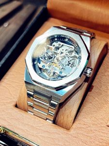 Royal hollow watch mens fully automatic mechanical watch retro business classic oak waterproof fashion brand square watch 【SSY】