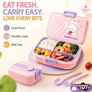 Kids Bento Lunch Box Leakproof Portable Compartment Food Container Cartoon School Spoon Fork