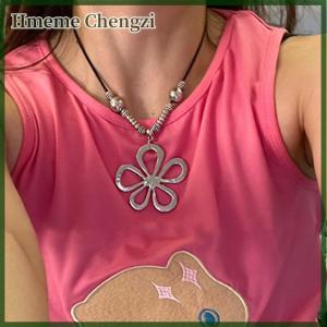 Hmeme Retro Vintage Hollow Flower Charm Statement Simple Leather Cord Women Necklace Boho Jewelry