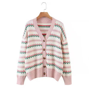Cocok Untuk Bb40-90 Lovely Flowers Kardigan Rajutan Baru Longgar Kemeja Bergaris Oversize V-neck Sweater Korean Style Atasan Wanita Lengan Panjang Fashion Loose Kasual Sweter