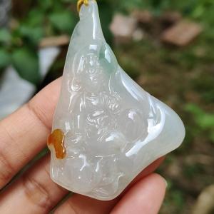 Unique Yellow and Green Natural Type A Jadeite Jade crafted with Guanyin as Pendant Necklace Jewellery with certificate weigh 23.54 grams measurement 57.3 * 39.3 * 7.5 mm (pendant205)