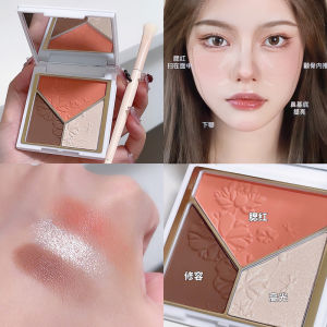 3 In 1 Multi-function Palette Matte Highlighter Contouring Palette Matte Pearlescent Color Tri-color Brightening Nose Shadow (Matte Contour + Pigment Blush + Shimmer Highlighter)