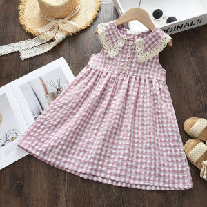 Menoea 3 To 7 Years Girl Summer Plain Clothes Korean Version Pastoral Style Lapel Sleeveless Plaid Lace Vest Princess Dress Fashion Kids Casual Wear