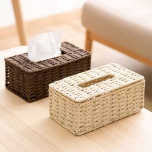 YERZ Japanese Style Rattan Woven Tissue Box Rectangular Hand Woven Storage Box Simple with Lid Napkin Holder Home