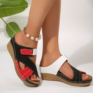 [Free Shipping] 2025 Summer New WomenS Wedge Platform Sandals One-Strap Color-Block Design Plus-Size Beach Slippers