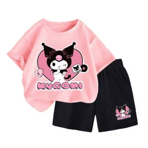 Set bộ quần áo cộc tay phù hợp cho bé vào mùa hè ép hình Kuromi Trái Tim đáng yêu chất vải cotton