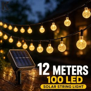 12 Meters 100 Led Solar String Lights Outdoor Waterproof Crystal Ball 8 Lighting Modes Fairy Lights For Garden Patio Porch Wedding Decor