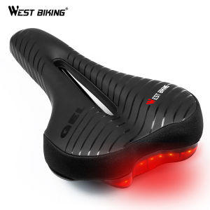 WEST BIKING Waterproof Bike Saddle with Tail Light MTB Bike Cycling Saddles Soft Comfortable Hollow Bicycle Safety Bike Saddle