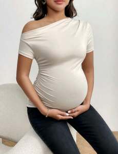 BB Elegant Maternity Off-Shoulder T-Shirt with Short Sleeves and Plain Design