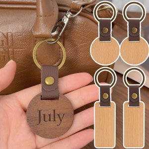 DIY Wooden Keychain Blanks for Engraving Painting Leather Strap Keyring Round Rectangle Wood Personalized Keychain Souvenir Gift